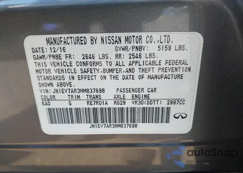 2017 Infiniti Q50 3.0T Signature Edition from USA, damaged, VIN JN1EV7AR3HM837698